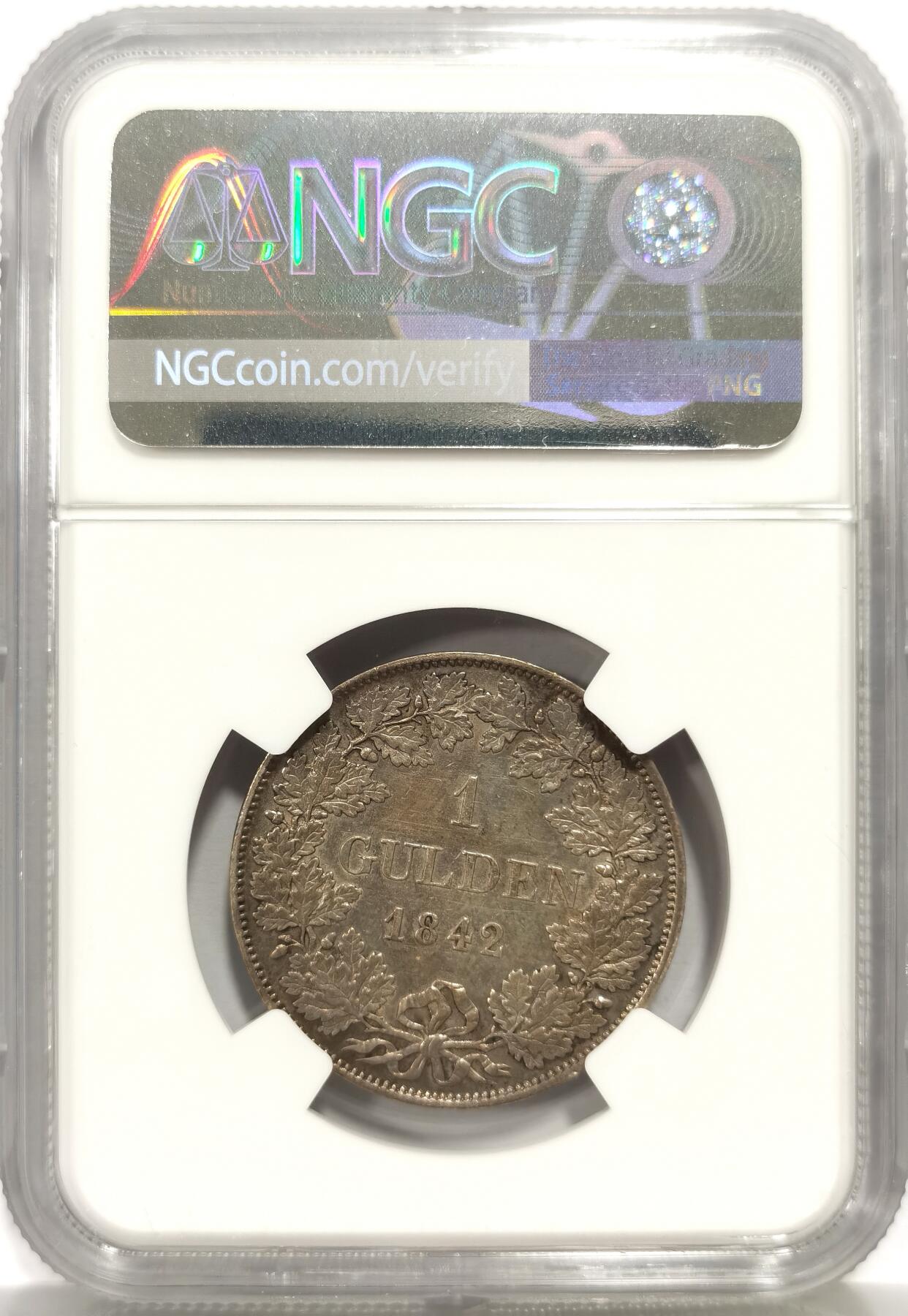 博洋堂世界钱币拍卖第156期（全场包邮） NGC AU 德国巴伐利亚1842年路德维希一世1盾银币，德系少见品种，底板丝滑带五彩，无磨给清洗属实错杀，白币裸币都要四百了