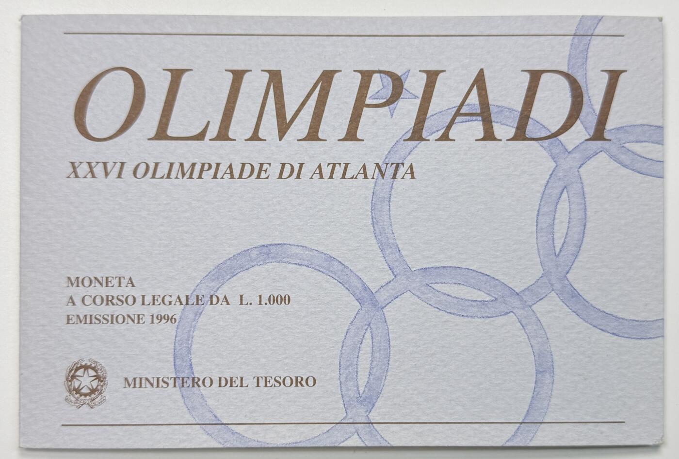 S&S Numismatic世界钱币-拍卖 第118期  意大利1996年 亚特兰大夏季奥运会 1000里拉纪念银币官方卡币 14.62克835银