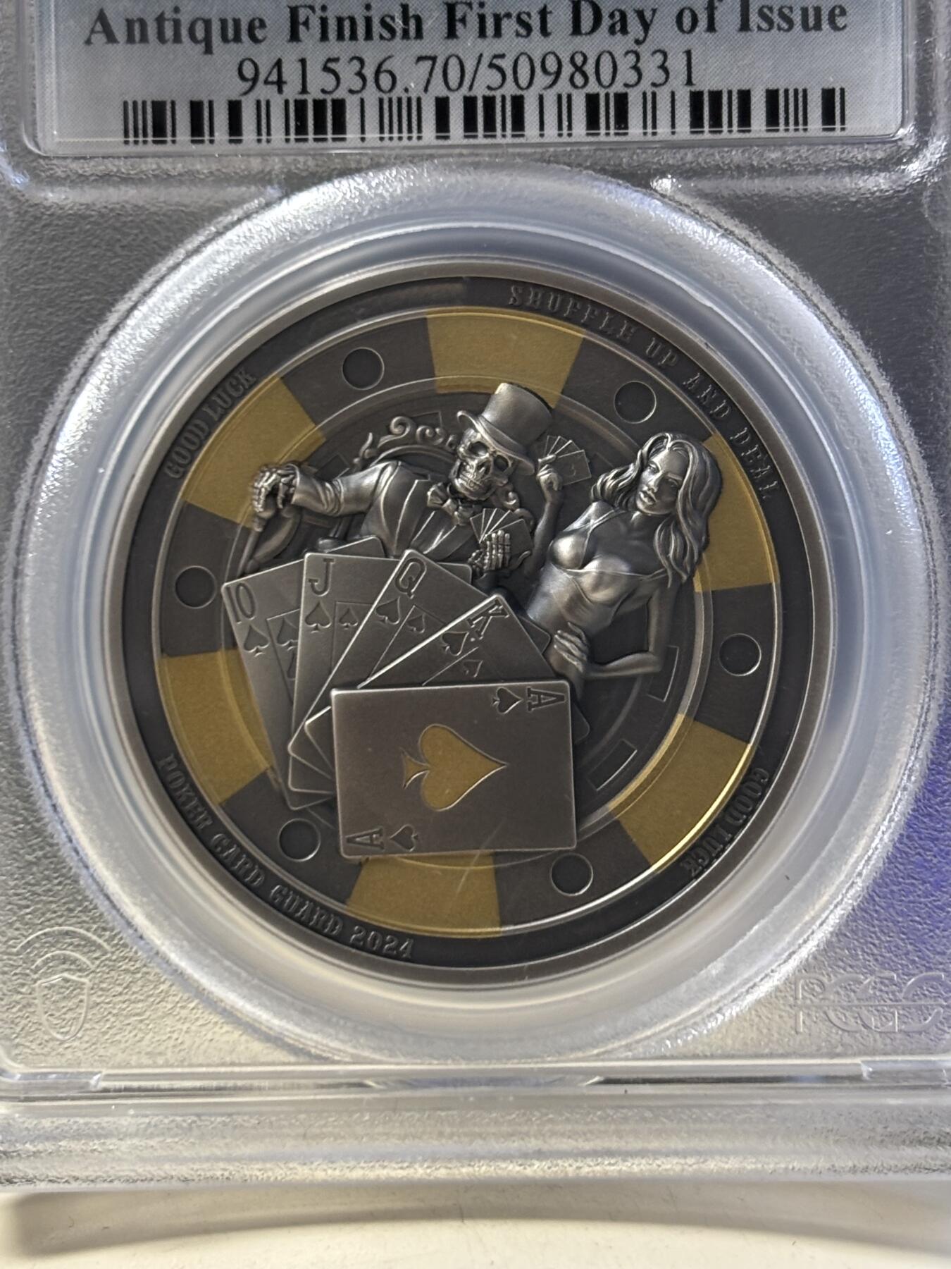 第187期拍卖 帕劳2024年扑克警卫镀金仿古浮雕纪念银币PCGS-SP70首无盒无证书，1盎司。9999银，发行1111枚，