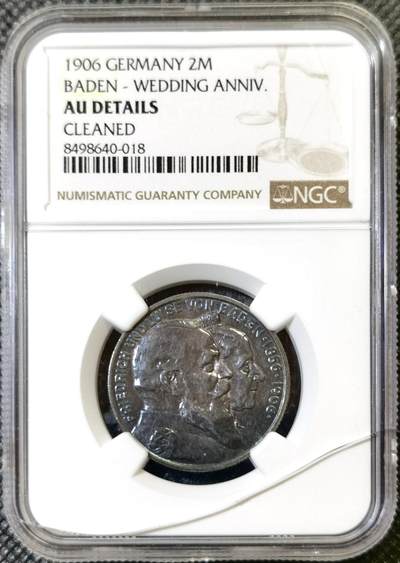 甄臻铺-世界币章拍卖（第46期）送拍享返佣金等优惠多多（1月10日精品场，敬请期待） - NGC-AUD 1906年德国巴登金婚2马克银币,窖藏老深彩包浆