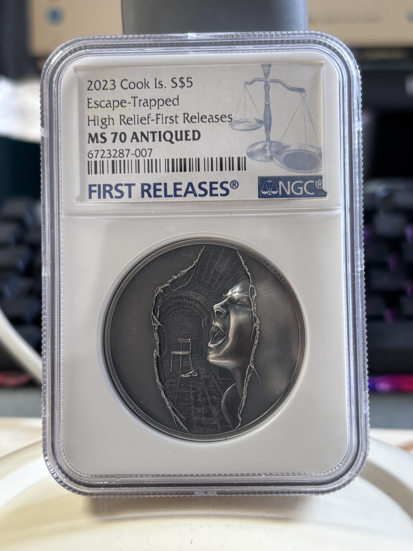 第187期拍卖 库克2023年迷茫和困境系列逃离仿古银币NGC-MS70首无盒无证书，999银，发行999枚