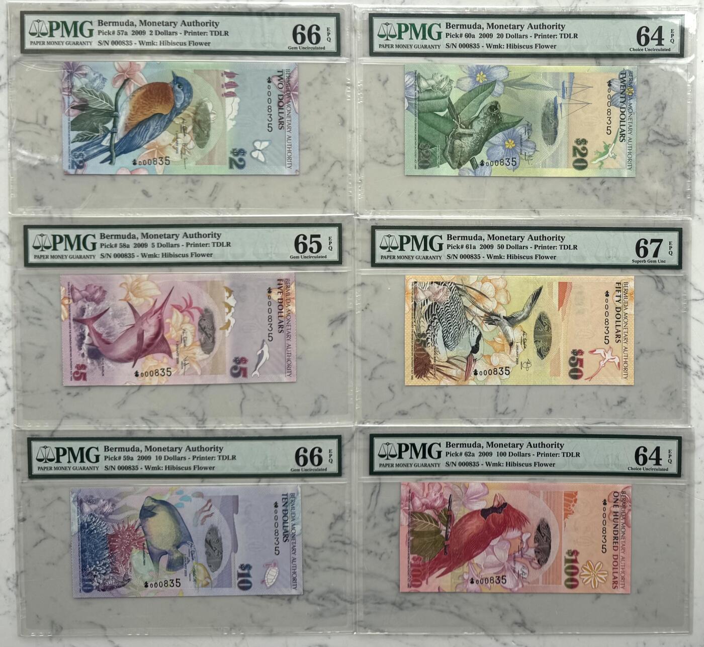 2026第1场（总第228期）：精品测试钞、外钞、塑料钞、连体钞综合场 洋葱冠/百位全同号000835 百慕大2008年版2、5、10、20、50、100元全套6枚（正宗世界最佳纸币获奖年份）PMG64-67