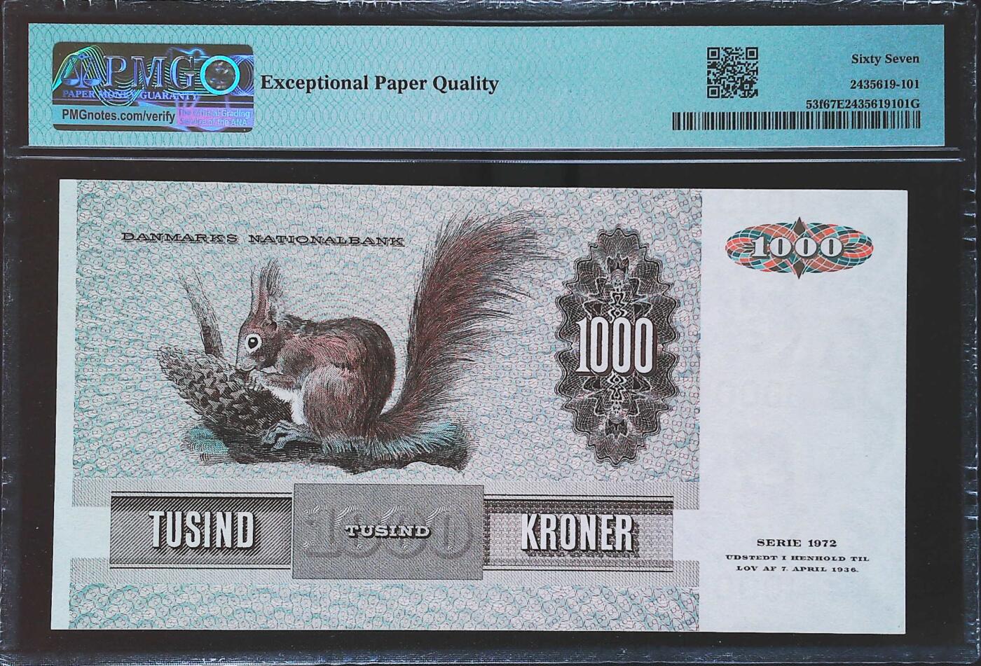 世界靓号纸钞第八十期 1986年丹麦1000克朗 全程无4 PMG67 经典大松鼠 