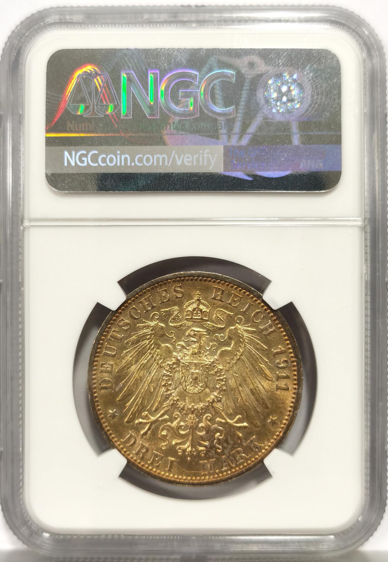博洋堂世界钱币拍卖第156期（全场包邮） NGC MS62 德国符腾堡1911年金婚3马克银币，非常漂亮的黄金硫化彩，BU转光，62严重低评