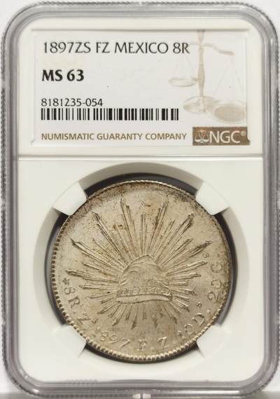 博洋堂世界钱币拍卖第156期（全场包邮） - NGC MS63 墨西哥1897年鹰洋8瑞尔银币 正面窖藏白霜包浆 背面超美的五彩包浆 状态迷人