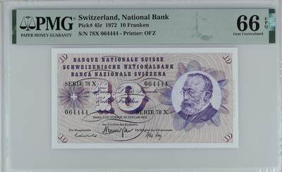 🐍甜小邱世界纸币收藏🐍第139期精品场💐 - 4444狮子号 PMG66 瑞士 10法郎 1972
