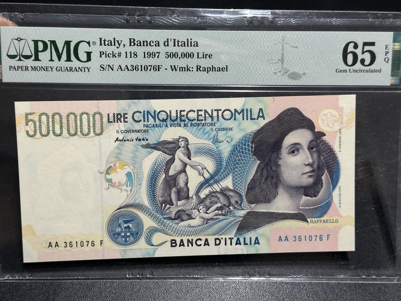 🎉🎉🎉《外钞收藏家》第六百期（年度庆典场）（本平台长期征集拍品、欢迎藏友们联系合作）❤️❤️❤️ 1997年意大利50万里拉 拉斐尔 PMG65 AA冠