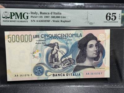🎉🎉🎉《外钞收藏家》第六百期（年度庆典场）（本平台长期征集拍品、欢迎藏友们联系合作）❤️❤️❤️ - 1997年意大利50万里拉 拉斐尔 PMG65 AA冠