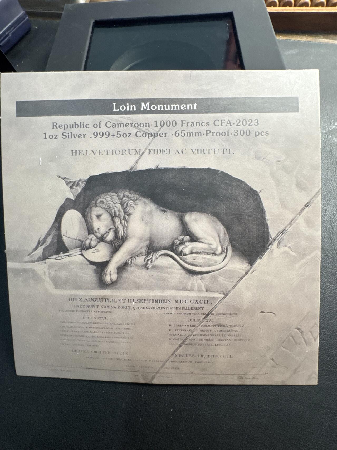 ❤️【币观天下】❤️ 第338期钱币拍卖- 2026.1.9周五晚上6点半场-长期征集拍品 喀麦隆2023年卢塞恩悲伤的狮子6盎司银铜币，带盒证，高浮雕仿古工艺，非常精美。材质是999银加铜总重1盎司银和5盎司铜直径65毫米发行量仅300枚
