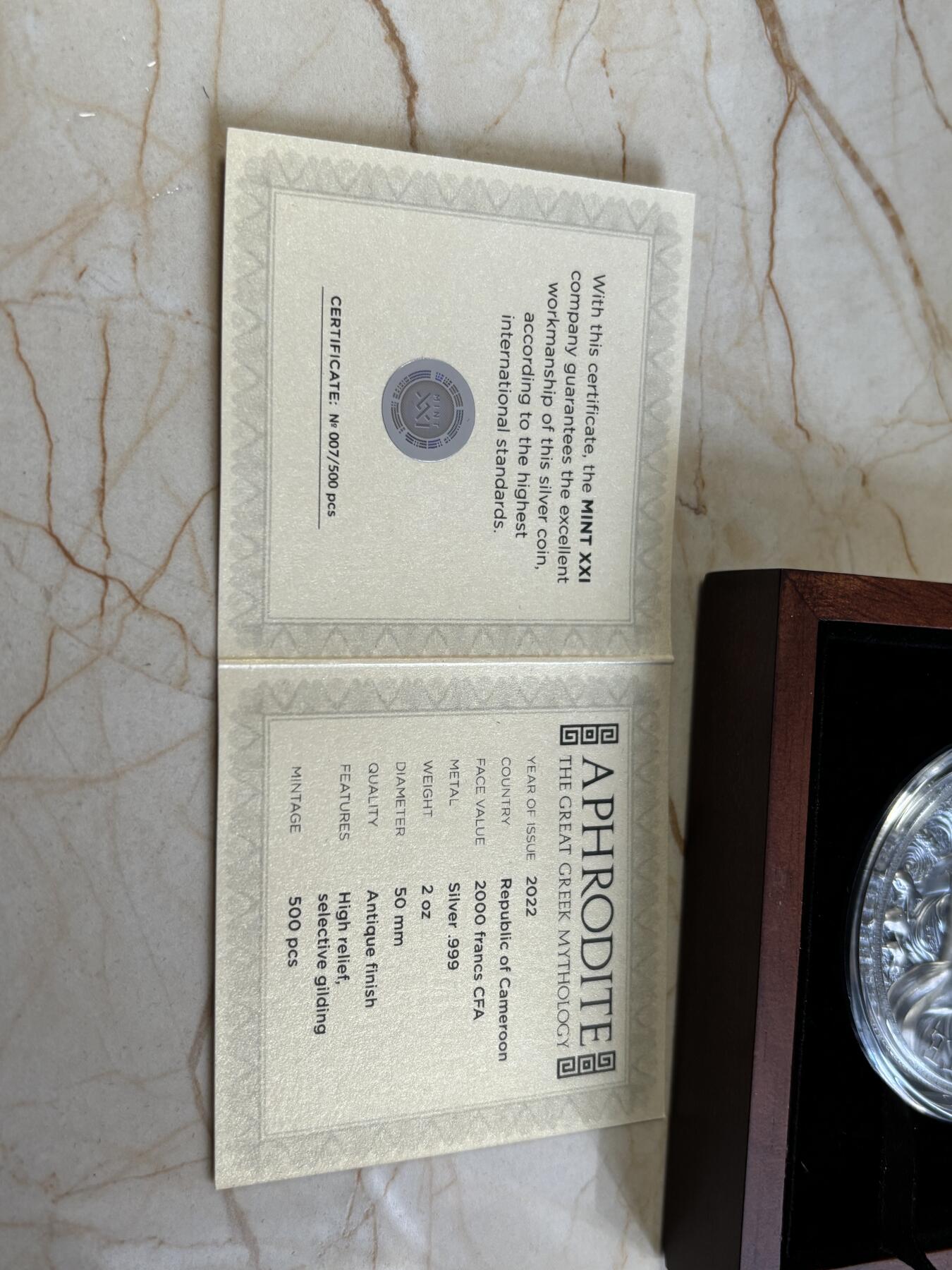 第187期拍卖 喀麦隆2022年希腊神话爱神阿芙罗狄蒂2盎司纪念银币，999银，发行量500枚