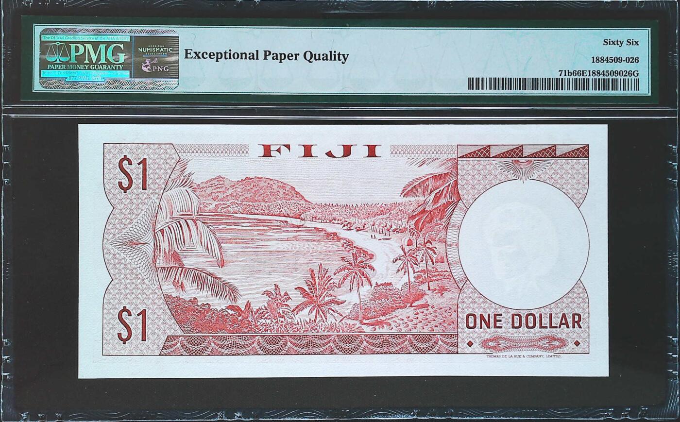 世界靓号纸钞第八十期 1974年斐济1元 戎装女王 PMG66