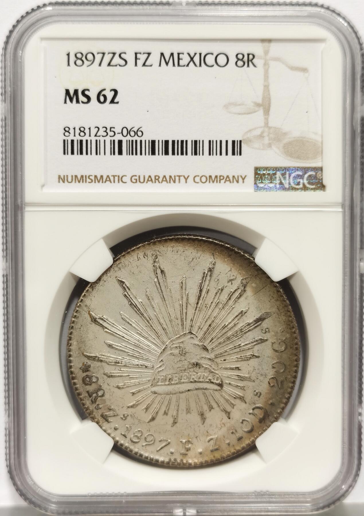 博洋堂世界钱币拍卖第156期（全场包邮） NGC MS62 墨西哥1897年ZS FZ版花边鹰洋 关门年份 原味窖藏包浆 滴水未下