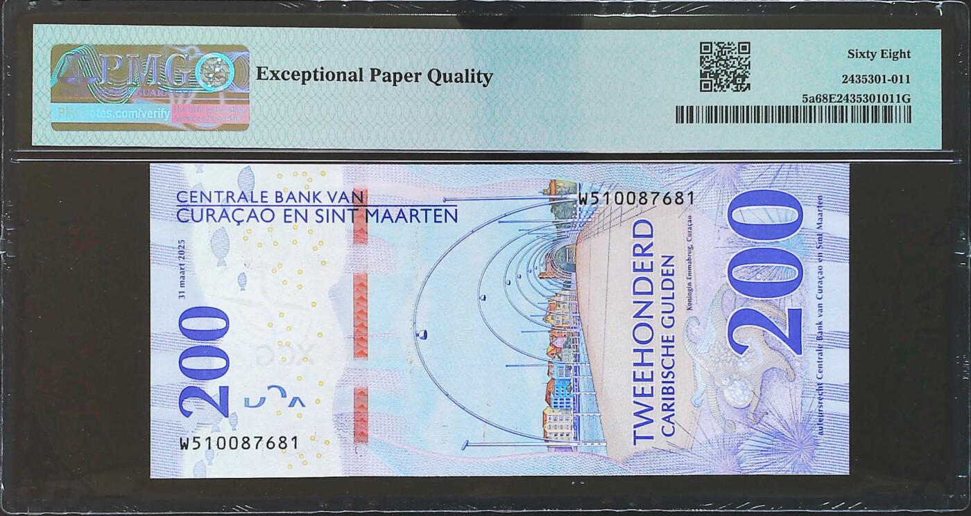 世界靓号纸钞第八十期 2025年库拉索和圣马丁200盾 全程无4 PMG68 非常有希望评选今年的最佳 并且不好找 68分也相当难评