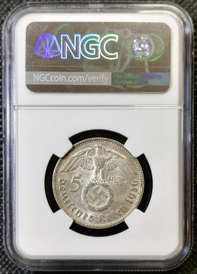 甄臻铺-世界币章拍卖（第46期）送拍享返佣金等优惠多多（1月10日精品场，敬请期待） NGC-MS62 德国 1936年 5马克 第三帝国D版兴登堡带字银币 原味包浆
