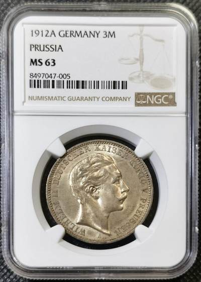 “甄选寰宇 · 臻藏岁华”新年精品场（直播拍卖）-甄臻铺-世界币章拍卖（第47期）送拍享返佣金等优惠多多 - NGC-MS63 1912年德国普鲁士3马克，流通版的MS很少见