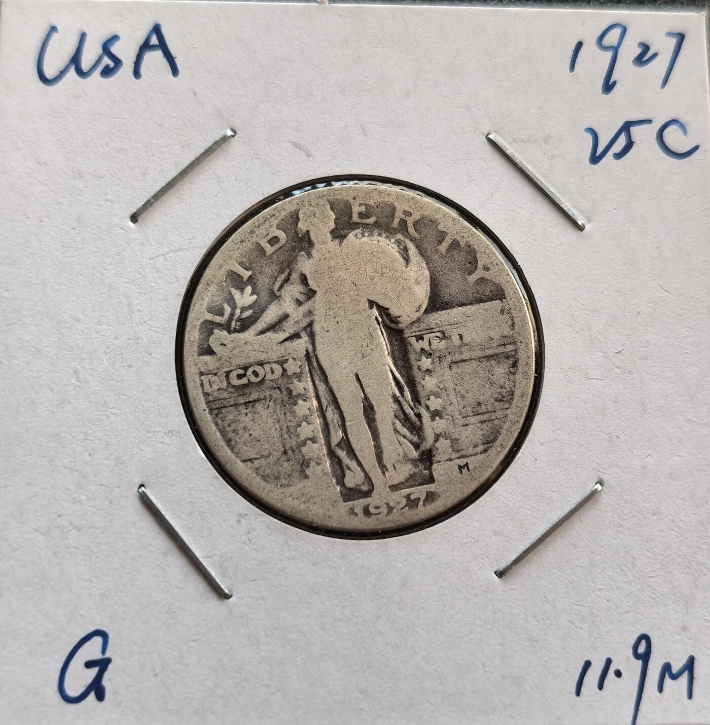 外国优质银币非洲美洲币，周六九点倒数截拍，满百包邮，持续收拍 美国1927 年行走自由女神 25 分银币，正面是持枝女神像，背面飞鹰图案灵动，带 “合众为一” 格言，年份早、版式经典，是早期美币收藏稀缺品。