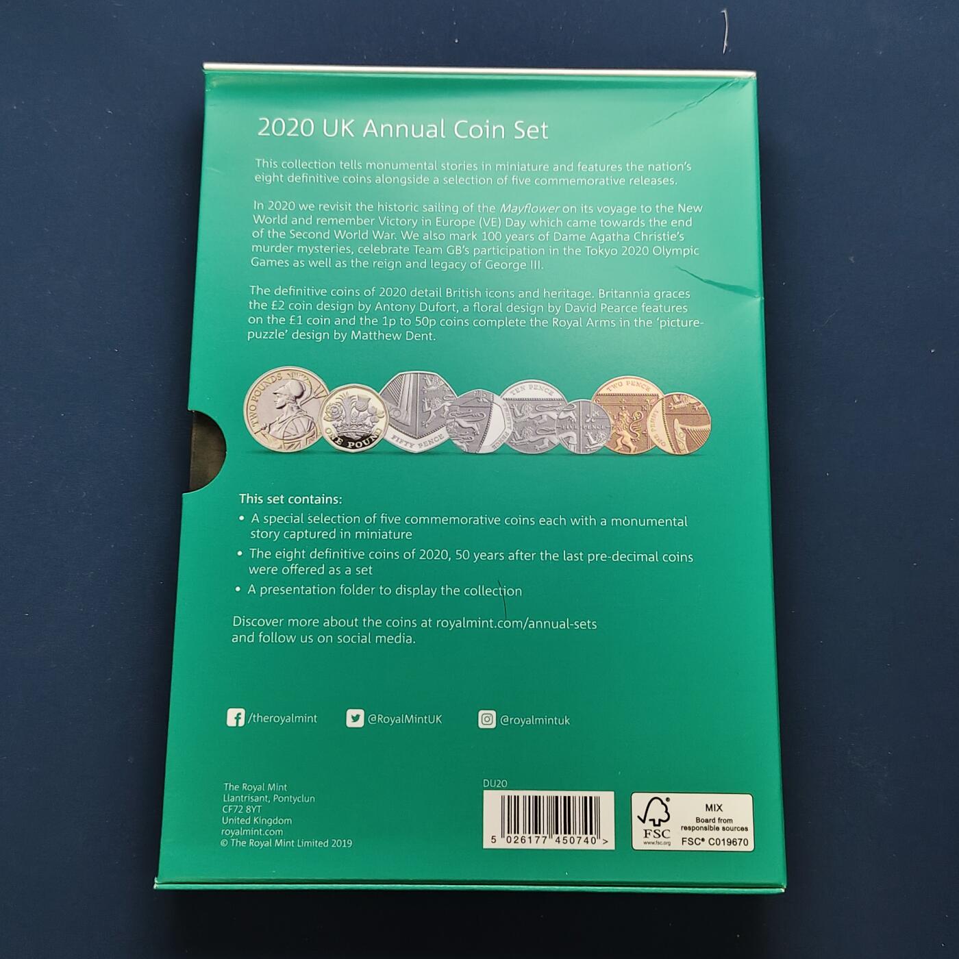 【全场包邮】纯粹捡漏拍492场【封装套币专场】-注意佣金 英国2020年官方封装套币--含盾徽版套币+5镑乔治三世逝世200周年+2镑欧洲胜利日75周年+2镑阿加莎·克里斯蒂女士第一部小说100周年+2镑五月花号400周年+50便士东京奥运会英国代表队5枚纪念币