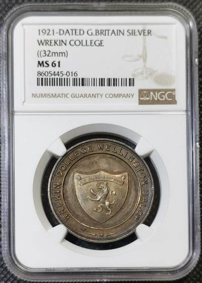 “甄选寰宇 · 臻藏岁华”新年精品场（直播拍卖）-甄臻铺-世界币章拍卖（第47期）送拍享返佣金等优惠多多 - NGC-MS61 英国1921年什罗普郡惠灵顿雷金学院领袖生获选纪念银章，黄油五彩老包浆