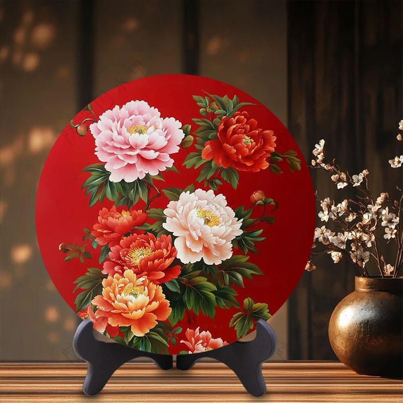 同乐收藏拍卖 牡丹花花开富贵摆件客厅酒柜圆形装饰摆台卧室床头柜走廊玄关摆件