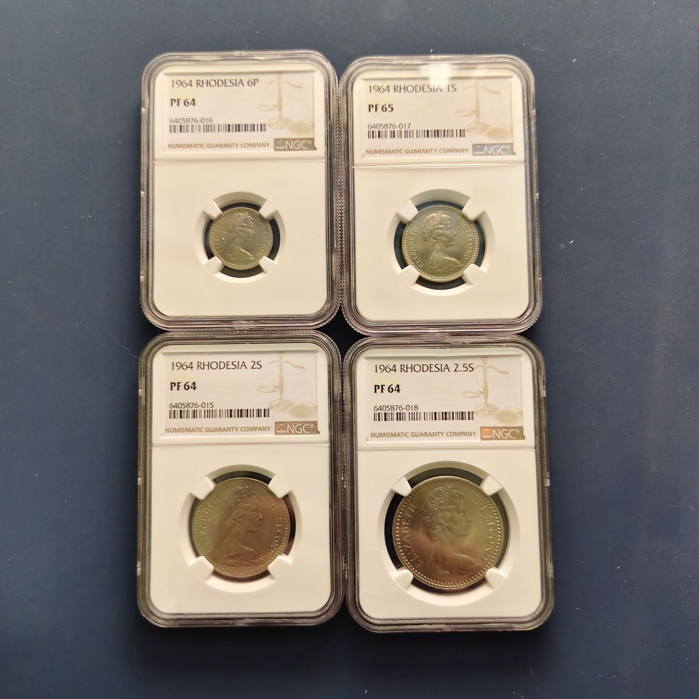 【全场包邮】纯粹捡漏拍493场 【稀少】英属罗德西亚1964年双面值版4枚精制套币-量2080-NGC PF64/65