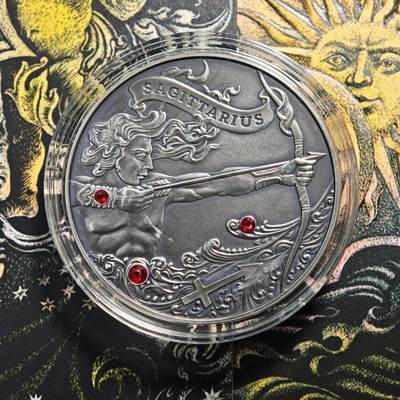 【德藏】世界币章拍卖第161期 - 2014年 白俄罗斯十二星座系列镶嵌施华洛世奇水晶20卢布仿古银币-射手座 直径38.61mm；重28.28g，925银，原盒，立陶宛代铸