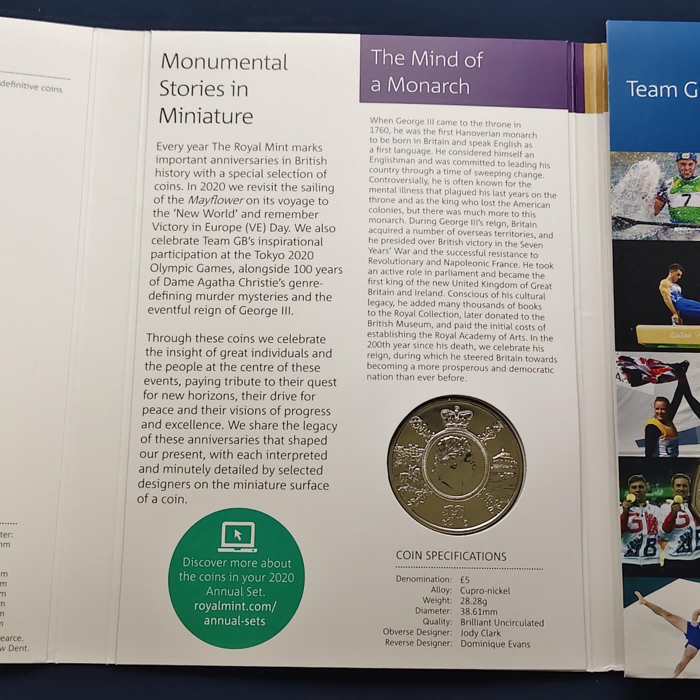 【全场包邮】纯粹捡漏拍492场【封装套币专场】-注意佣金 英国2020年官方封装套币--含盾徽版套币+5镑乔治三世逝世200周年+2镑欧洲胜利日75周年+2镑阿加莎·克里斯蒂女士第一部小说100周年+2镑五月花号400周年+50便士东京奥运会英国代表队5枚纪念币