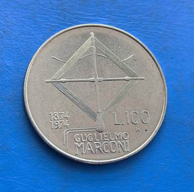 外国优质银币非洲美洲币，周六九点倒数截拍，满百包邮，持续收拍 - 意大利1974 年马可尼百年纪念 100 里拉币，正面展无线电装置（其发明）+ 生卒年，背面印马可尼头像，银质币兼具科技名人纪念与发明符号，收藏主题独特。