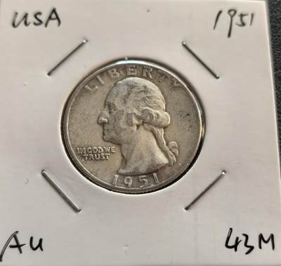 外国优质银币非洲美洲币，周六九点倒数截拍，满百包邮，持续收拍 - 美国1951 年华盛顿 25 分银币，正面是华盛顿头像配 “自由” 字样，背面飞鹰衔箭饰橄榄枝，带 “合众为一” 格言，年份经典、版式规整，是早期美币收藏热门品。