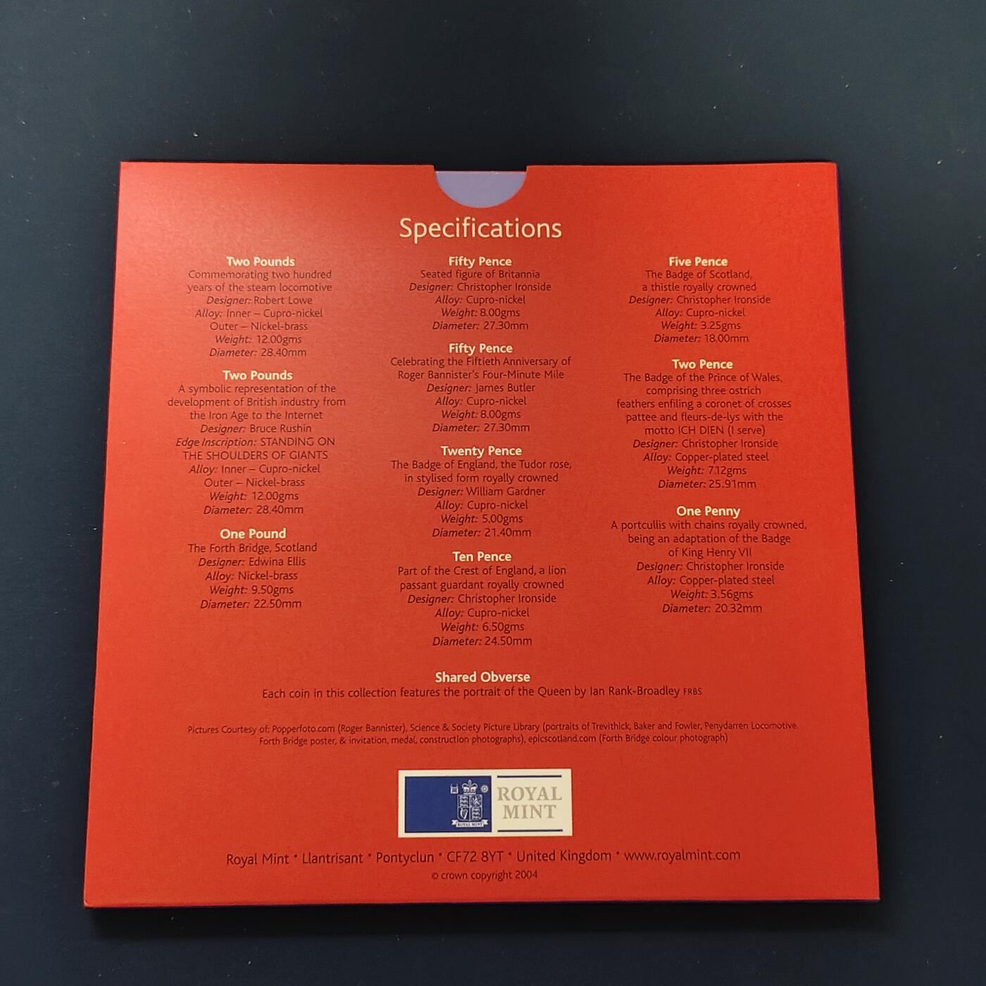 【全场包邮】纯粹捡漏拍492场【封装套币专场】-注意佣金 英国2004年官方封装套币-含2镑首辆火车200周年+2镑机械时代+1镑第四铁路桥+50便士罗杰班尼斯4分钟1英里4枚纪念币+流通套币