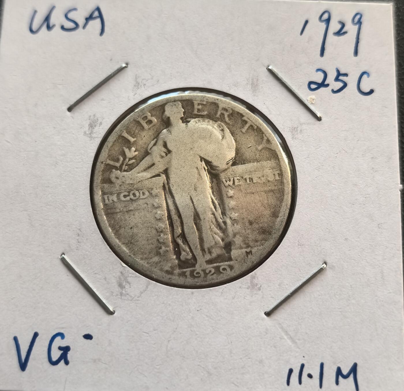 外国优质银币非洲美洲币，周六九点倒数截拍，满百包邮，持续收拍 美国1929 年行走自由女神 25 分银币，正面是持枝女神像，背面飞鹰图案灵动，带 “合众为一” 格言，年份早、版式经典，是早期美币收藏稀缺品。