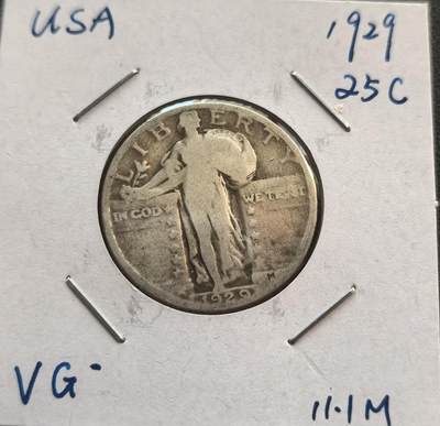 外国优质银币非洲美洲币，周六九点倒数截拍，满百包邮，持续收拍 - 美国1929 年行走自由女神 25 分银币，正面是持枝女神像，背面飞鹰图案灵动，带 “合众为一” 格言，年份早、版式经典，是早期美币收藏稀缺品。