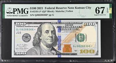 【礼羽收藏】🌏世界钱币拍卖第119期 - 2021年 100美元 星补号 号码无47 PMG67EPQ 亚军分数