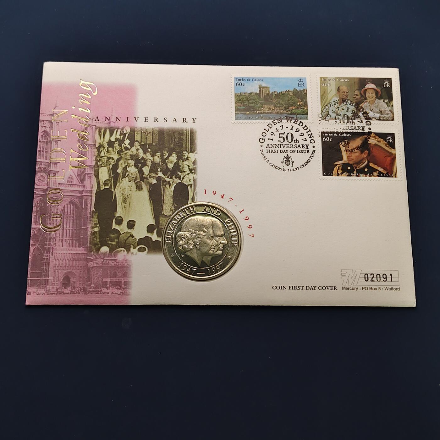 【全场包邮】纯粹捡漏拍492场【封装套币专场】-注意佣金 【邮币封】特克斯和凯克斯群岛1997年5克朗女王金婚克朗型纪念邮币封