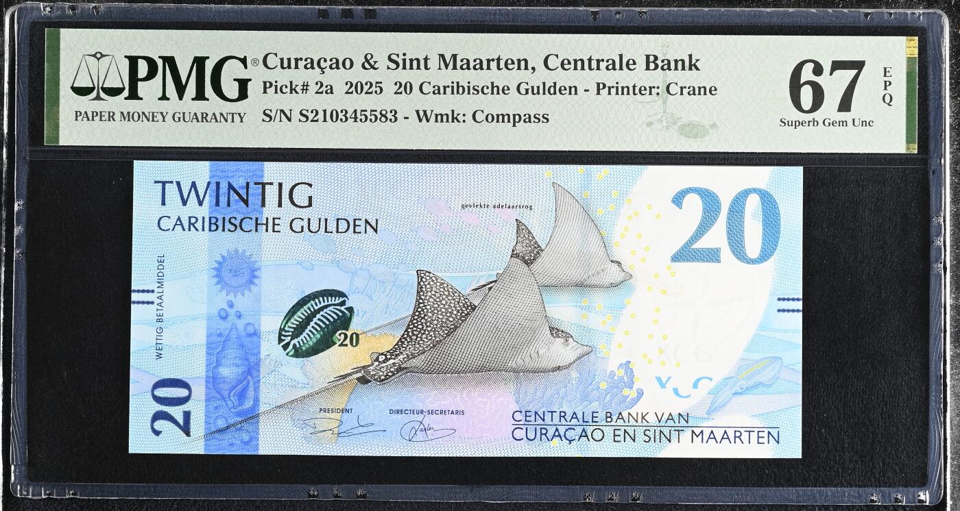 《艾美收藏》第228期-1.11周日外币精品 库拉索和圣马丁2025年首发S2冠20盾PMG67E高分 海洋题材