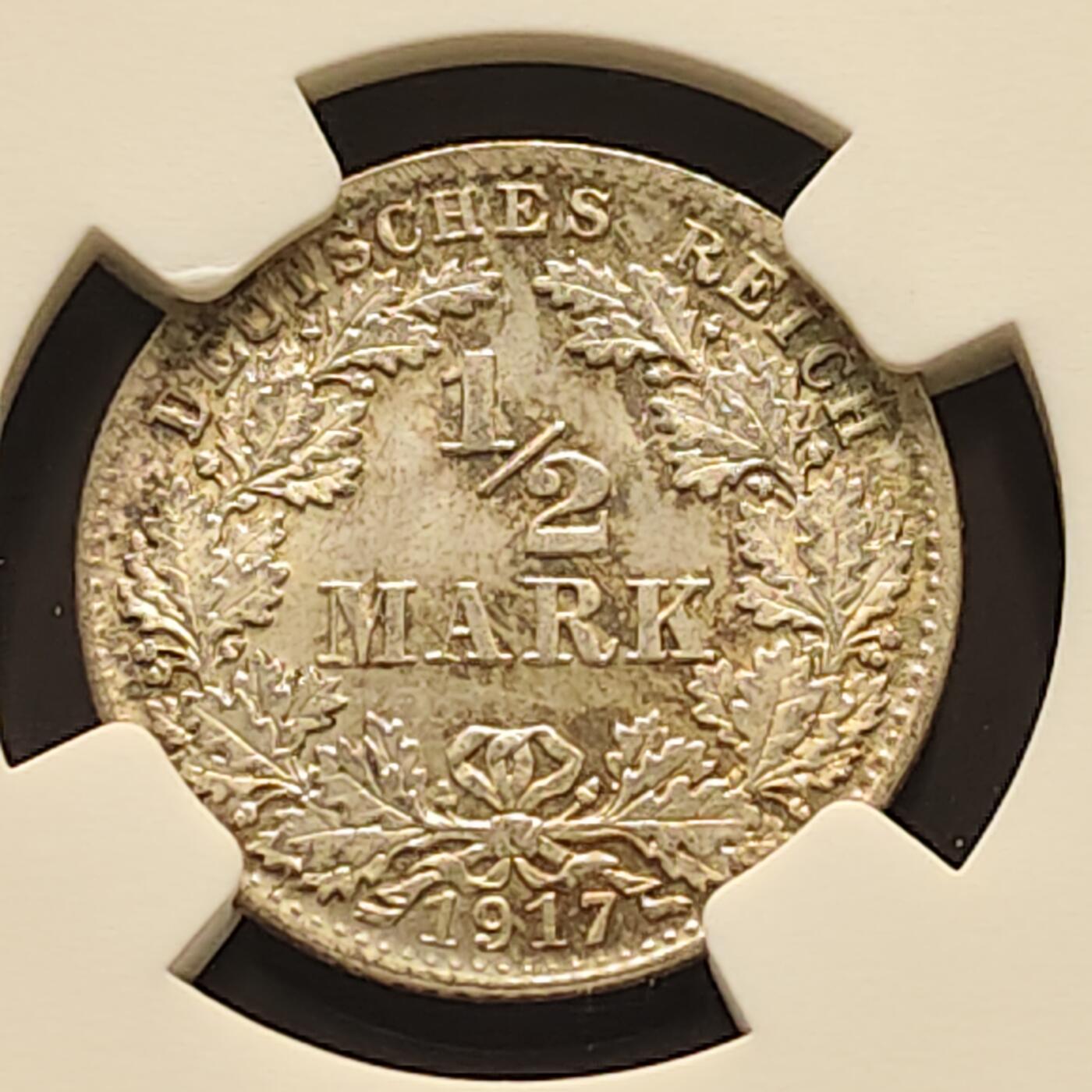 【全场包邮】纯粹捡漏拍493场 【收藏级】德国第二帝国1917年D厂1/2马克银币-NGC MS65
