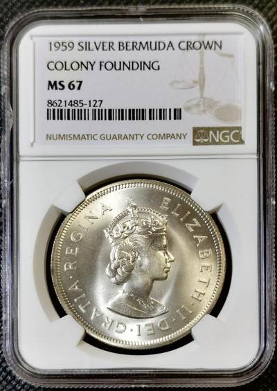 “甄选寰宇 · 臻藏岁华”新年精品场（直播拍卖）-甄臻铺-世界币章拍卖（第47期）送拍享返佣金等优惠多多 - NGC-MS67 英属百慕大 1959年 伊丽莎白二世 1克朗大银币 发现百慕大350周年 自藏品相
