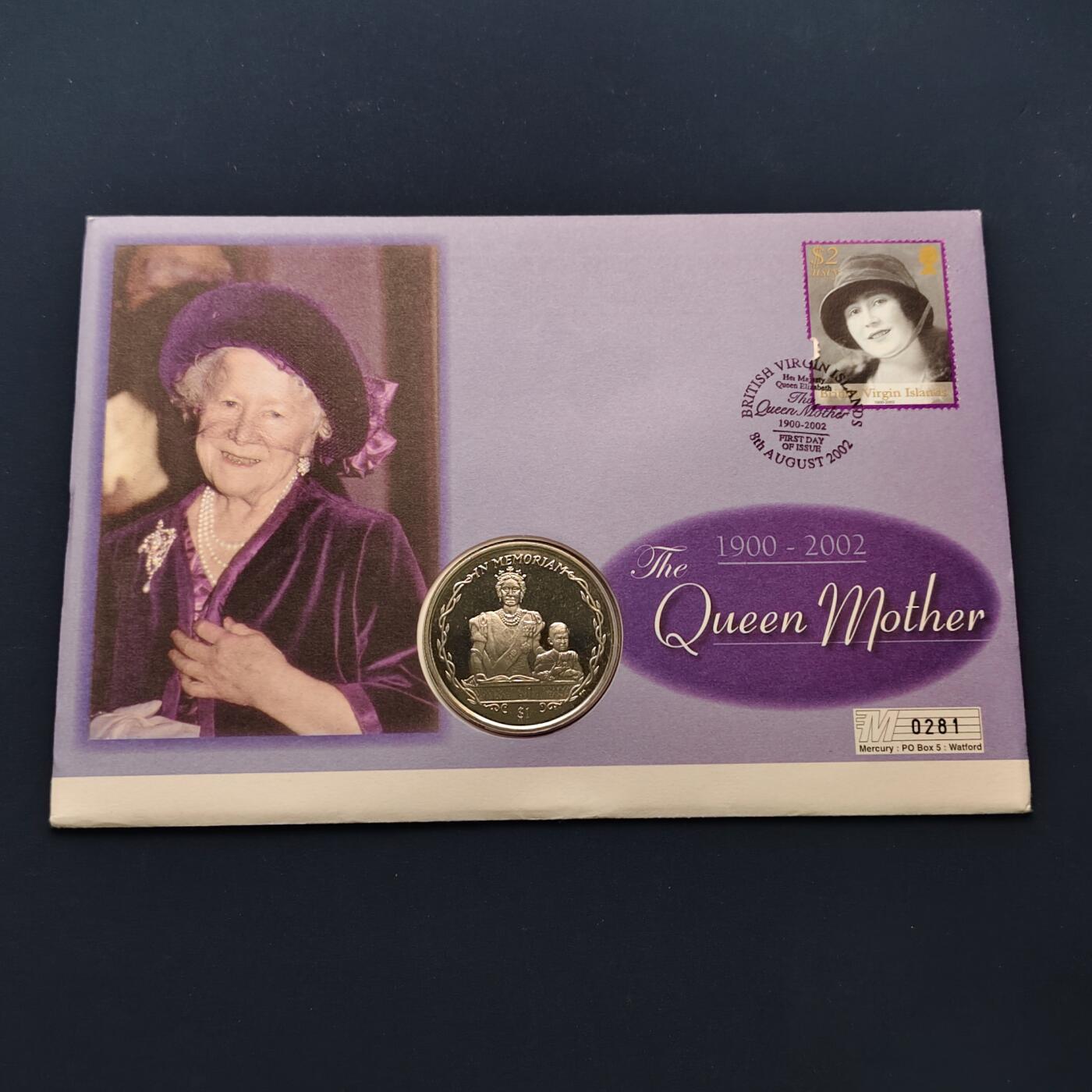 【全场包邮】纯粹捡漏拍492场【封装套币专场】-注意佣金 【邮币封】英属维尔京群岛2002年1元伊丽莎白皇太后生平纪念克朗型纪念邮币封