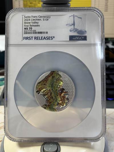 第188期拍卖 - 列支敦士登2024年瑞士法郎诞生100周年莱茵河谷2盎司银币NGC-MS70首无盒无证书，9999银，发行1000枚