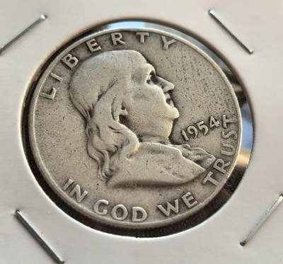 外国优质银币非洲美洲币，周六九点倒数截拍，满百包邮，持续收拍 - 美国1954 年富兰克林半元银币D版，正面是富兰克林头像配 “自由” 字样，背面是独立钟 + 小鹰饰，带 “合众为一” 格言，版式独特、是经典纪念币，收藏辨识度高。