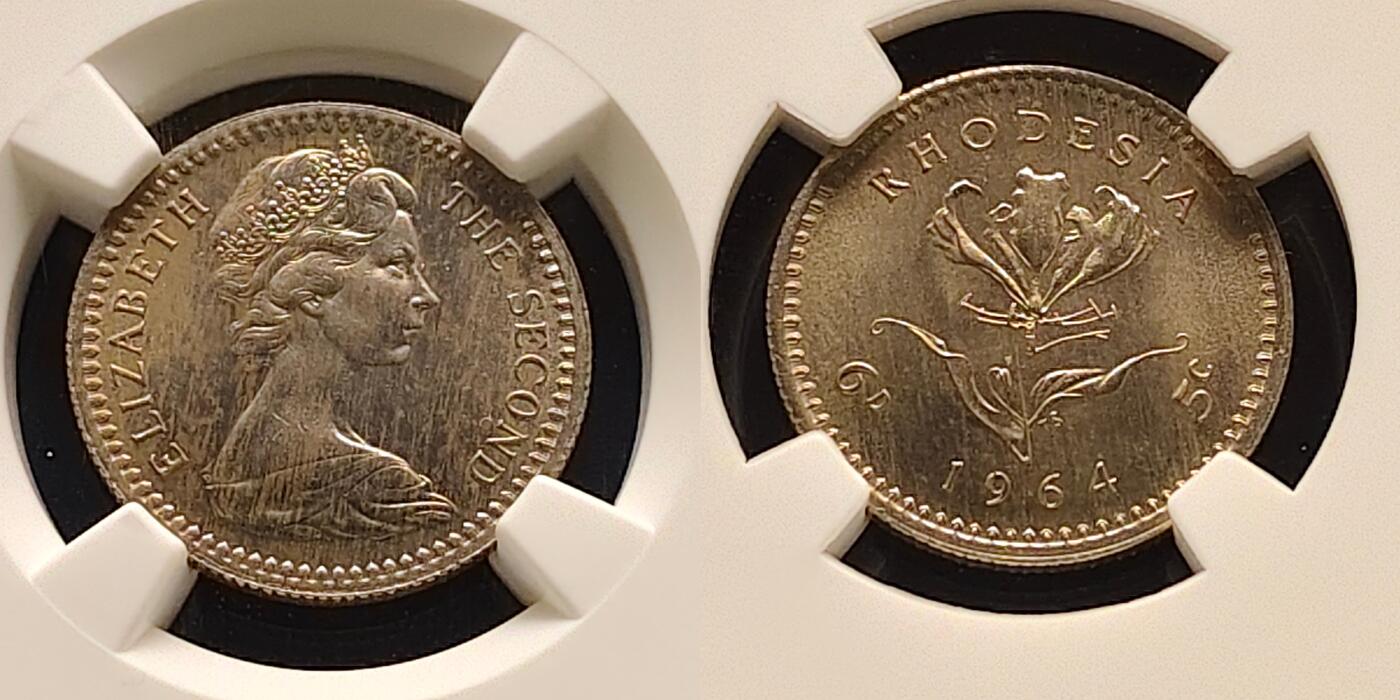 【全场包邮】纯粹捡漏拍493场 【稀少】英属罗德西亚1964年双面值版4枚精制套币-量2080-NGC PF64/65