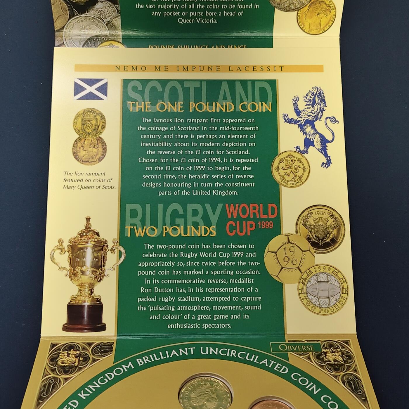【全场包邮】纯粹捡漏拍492场【封装套币专场】-注意佣金 英国1999年官方封装套币-2镑橄榄球世界杯+1镑苏格兰狮徽+流通套币