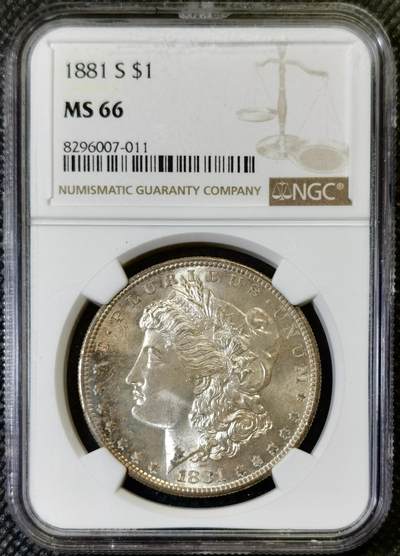 “甄选寰宇 · 臻藏岁华”新年精品场（直播拍卖）-甄臻铺-世界币章拍卖（第47期）送拍享返佣金等优惠多多 - NGC-MS66 1881年S版摩根银币，淡淡包浆，高分状态极好，地板极致PL质感