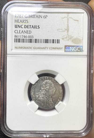 “甄选寰宇 · 臻藏岁华”新年精品场（直播拍卖）-甄臻铺-世界币章拍卖（第47期）送拍享返佣金等优惠多多 - NGC-UNC DETAILS 1787年英国6便士银币，HEARTS版，转光尤在，养一养可以搏一搏