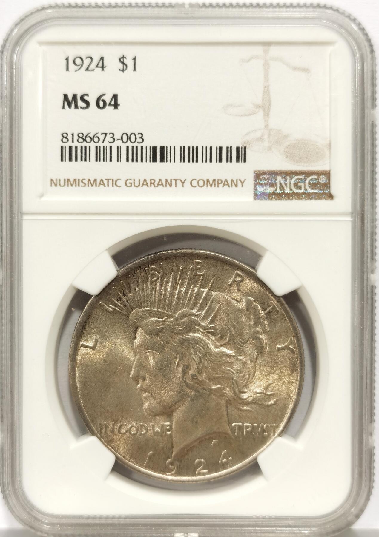 博洋堂世界钱币拍卖第156期（全场包邮） NGC MS64 美国1924年和平女神大银币，双面香槟金粉彩转光
