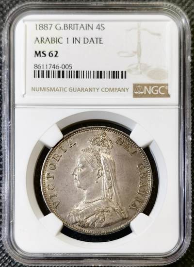 “甄选寰宇 · 臻藏岁华”新年精品场（直播拍卖）-甄臻铺-世界币章拍卖（第47期）送拍享返佣金等优惠多多 - NGC-MS62 1887年英国维多利亚高冠4先令双弗洛林银币，阿拉伯数字年份，包浆醇厚自然