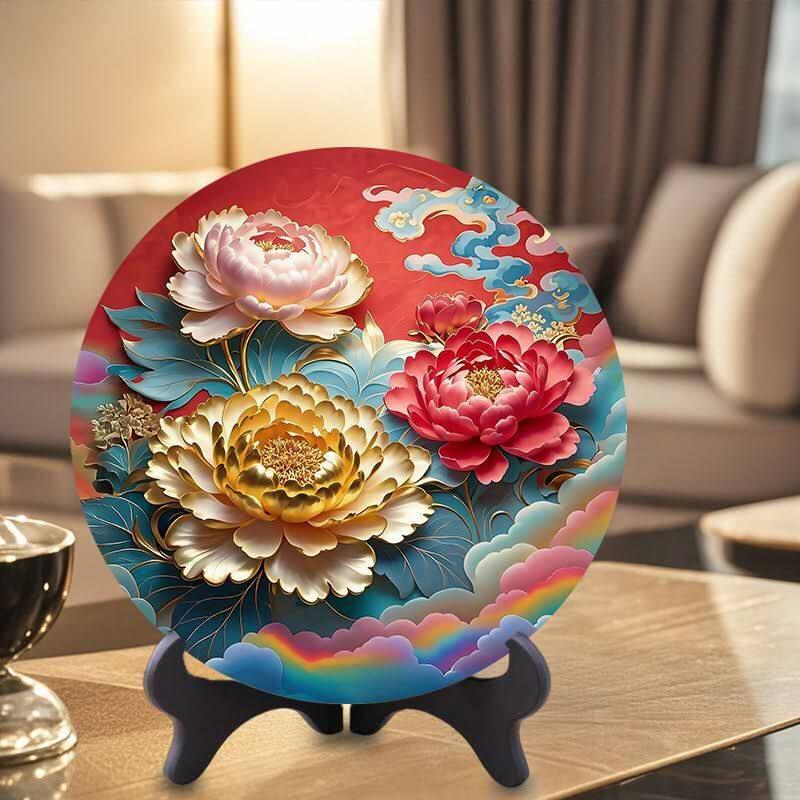 同乐收藏拍卖 招财摆台客厅摆件酒柜书房桌摆圆形牡丹花开富贵家和万事兴褔字