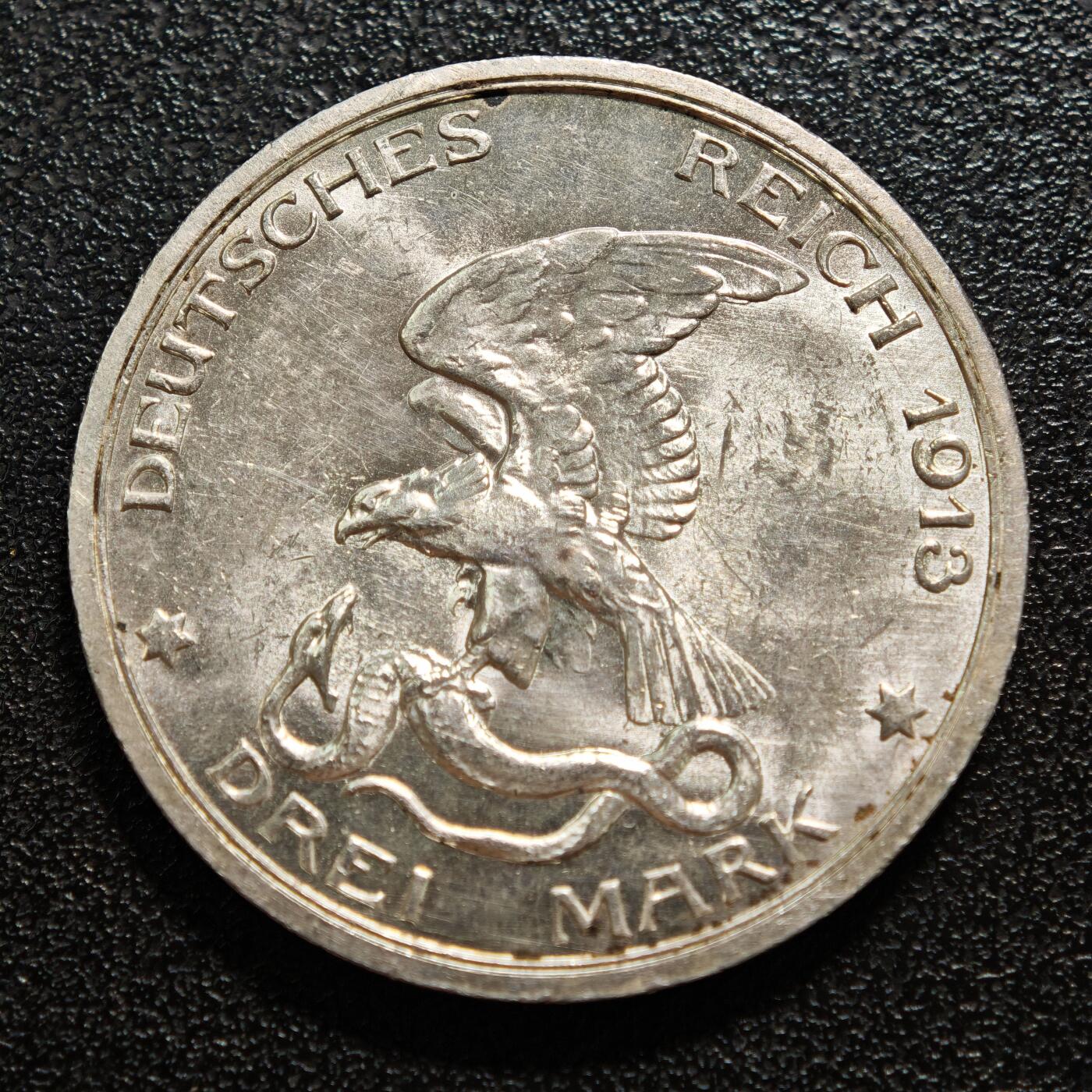 【德藏】世界币章拍卖第161期 1913年 德国普鲁士战胜拿破仑3马克银币 直径约：33mm；重约：16.6g