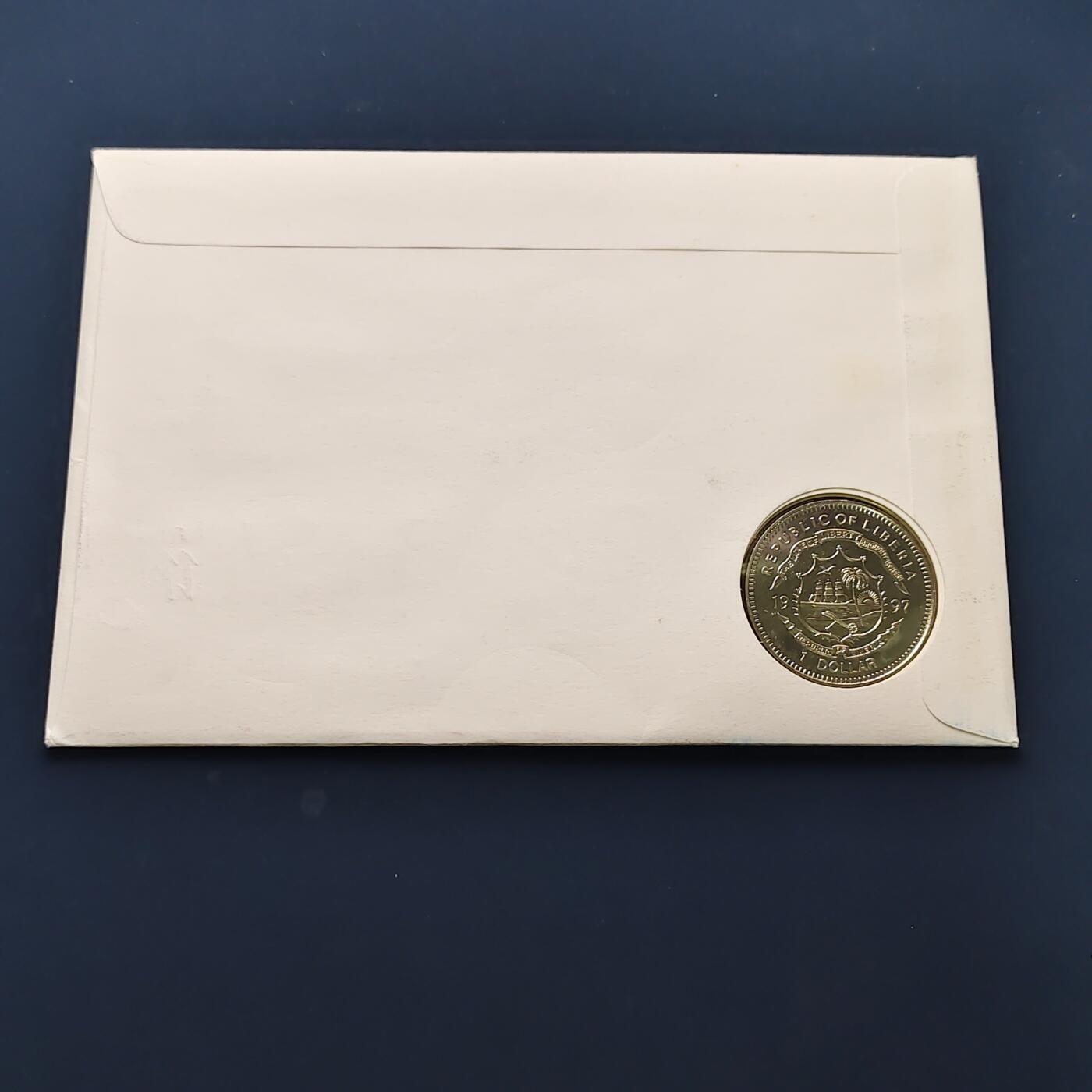 【全场包邮】纯粹捡漏拍492场【封装套币专场】-注意佣金 【邮币封】利比里亚1997年1元女王金婚克朗型纪念邮币封