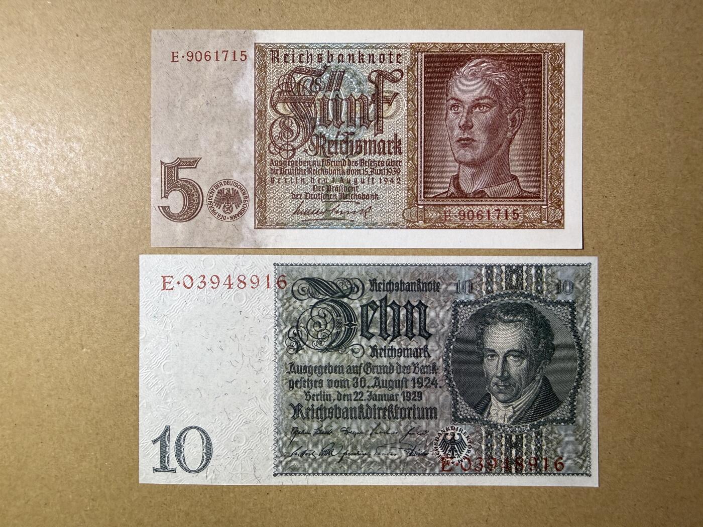 《艾美收藏》第228期-1.11周日外币精品 德国5、10马克2张 UNC 老版本