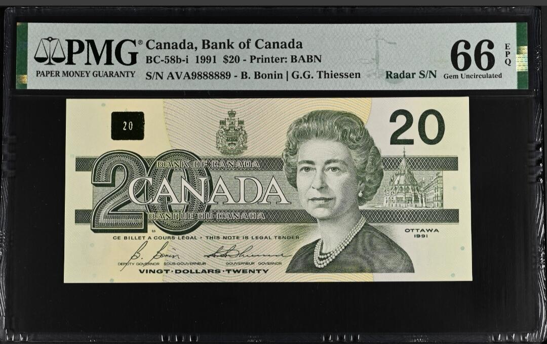 世界靓号纸钞第八十期 1991年老版加拿大20元 超级靓号 圆圆号 89组合 雷达号 中间老虎8 PMG66